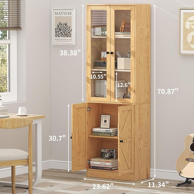 Bookcase with Doors, Tall Cabinets Storage Shelves, 5 Tier Bookshelf with Storage Cabinet, Light Wood Rustic Display Shelf Home Decor Furniture for Office, Living Room, Bedroom, Kitchen, Dining Room