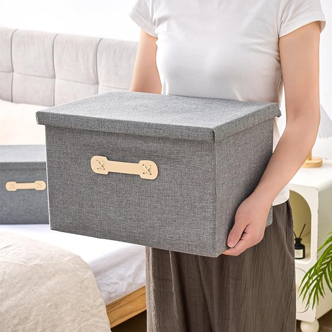 Enzk&Unity Decorative Storage Boxes with Lids, 3 Pack Grey Fabric Storage Bins with Handle, Foldbale and Stackable Storage Boxes for Shelf, Closet, Bedroom, Living Room