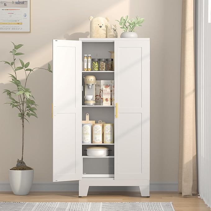 61.02" Pantry Cabinet, Kitchen Pantry Storage Cabinets with Adjustable Shelves and Feet, White Pantry Storage Cabinet for Kitchen, Dining Room, Living Room and Bathroom (White) Metal