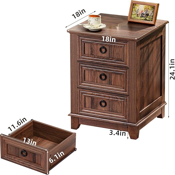 18" Farmhouse Night Stand with 3 Drawers, Wood End Table Dresser for Bedroom, Retro Nightstand, Bed Side Table with Metal Handle, Bedside Cabinet for Bedroom Living Room, Closet