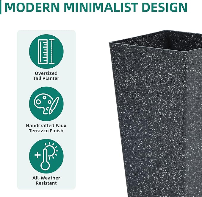 28" Large Tall Planters for Outdoor Plants, Set of 2 V-Shaped Planter Box with Black Terrazzo Look, Durable and Weather Resistant, Ideal or Garden, Patio, Porch or Home use.