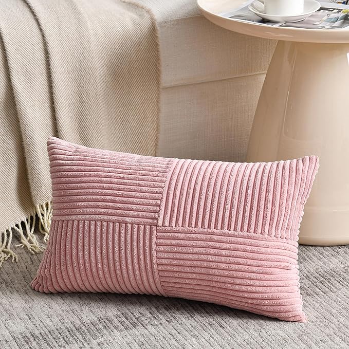 Fancy Homi 2 Packs Blush Pink Lumbar Decorative Throw Pillow Covers 12x20 Inch for Living Room Couch Bed, Rustic Farmhouse Boho Home Decor, Soft Striped Corduroy Rectangle Accent Cushion Case 30x50 cm