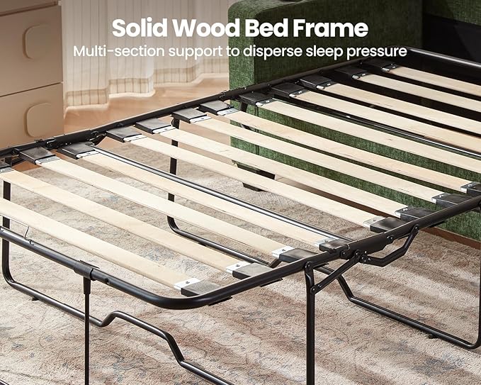 CHIC HOUSE Pull Out Sofa Bed, Full Size Sleeper Sofa, 2-in-1 Convertible Chenille Couch with USB Charging, Memory Form Couch for Living Room, Apartment & Small Space (Green, Chenille - Full)