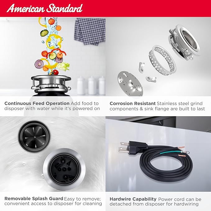 American Standard 10-US-AS-5-HD Garbage Disposal Anti-Jam Stainless Steel Food Waste Grinding System, Heavy Duty, 1/2 HP, Black