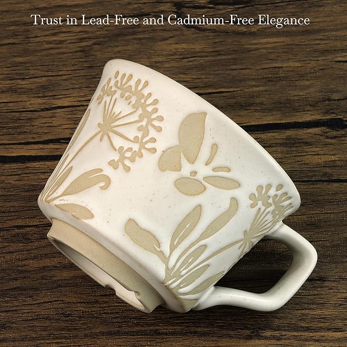 Ceramic Coffee Mug, 12 oz Novelty Unique Teacup with Large Handle, Stoneware Cup for Tea Mocha Latte Cappuccino Espresso (Set of 2, Butterfly and Ivy)