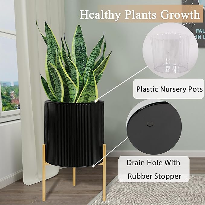 ARNIS Modern Plant Pots, Set of 2 Round Large Planters with Stand, Large Size Metal Pots with Drainage Holes for Living Room, Office, Garden or Balcony, 10.5 &12.25 Inch, Black & Gold