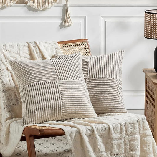 Fancy Homi 2 Packs Neutral Taupe Euro Decorative Throw Pillow Covers 28x28 Inch for Couch Bed Sofa, Rustic Farmhouse Boho Home Decor, Soft Corss Corduroy Patchwork Textured Square Cushion Case 71x71cm