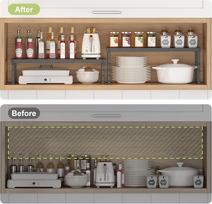 Expandable Cabinet Organizer Shelf With Adjustable Height, Stackable Kitchen Countertop Organizer Rack, Adjustable Shelf Riser For Kitchen Counter, Pantry, Cupboard, Desk, Tabletop