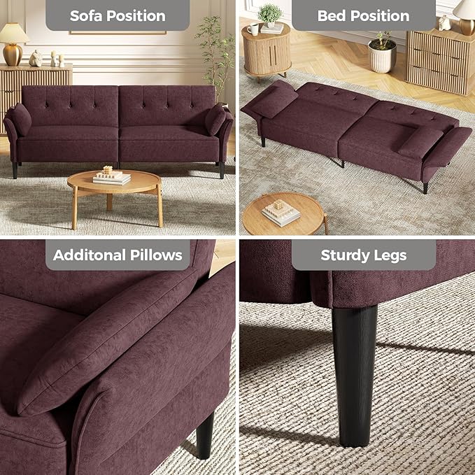 89” Futon Sofa Bed, Velvet Fabric Comfy Futon Couch Bed with 2 Square Pillows, Convertible Sleeper Sofa with Adjustable Backrest& Armrests, Modern Loveseat Sleeper for Living Room, Burgundy