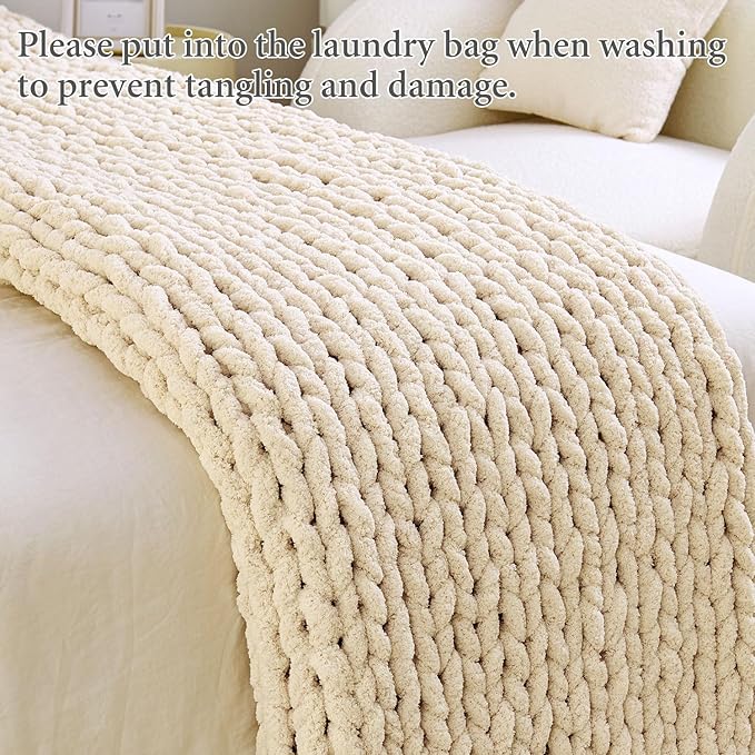Admitrack Chunky Knit Blanket Throw 51"x63", 100% Hand Knit Chenille Throw Blanket for Sofa & Home Decor, Soft and Cozy Knitted Throw Blankets (Ivory，51"x63")