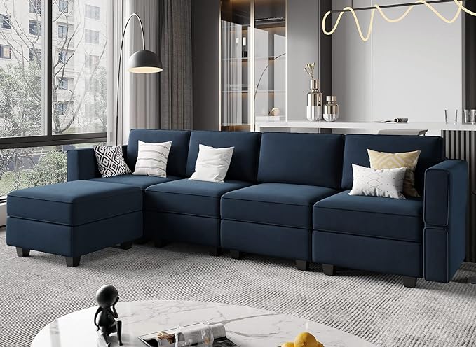 Belffin Modular Sectional Sofa Couch with Reversible Chaise Velvet L Shaped Storage 4-seat Convertible Blue…