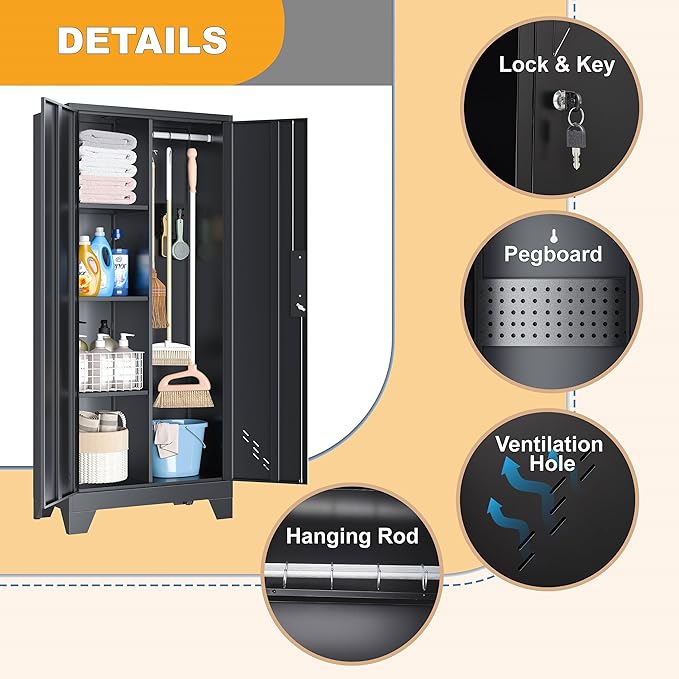 61" H Metal Storage Cabinet, Utility Cabinets with Locking Doors, Laundry Cabinet with Hanging Rod, Garage Tool Storage Cabinets for Home Office, Garage, Bathroom (Black)