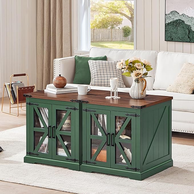 24" End Table with Charging Station, Farmhouse Night Stand with Glass Barn Door, Green Nightstands with Adjustable Storage Shelf, Large Wood Square Bed Side Table for Living Room, Bedroom
