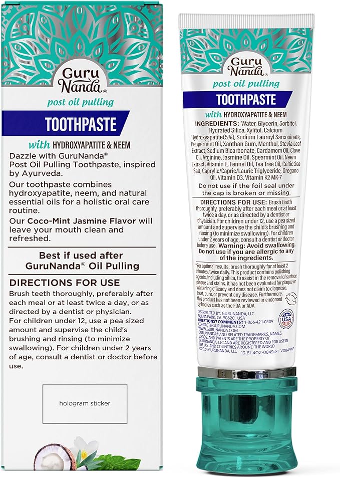 GuruNanda Hydroxyapatite Toothpaste, SLS & Fluoride Free, Whitening Toothpaste - Freshens Breath, Fights Plaque - Natural CocoMint Jasmine Neem, 4.2oz