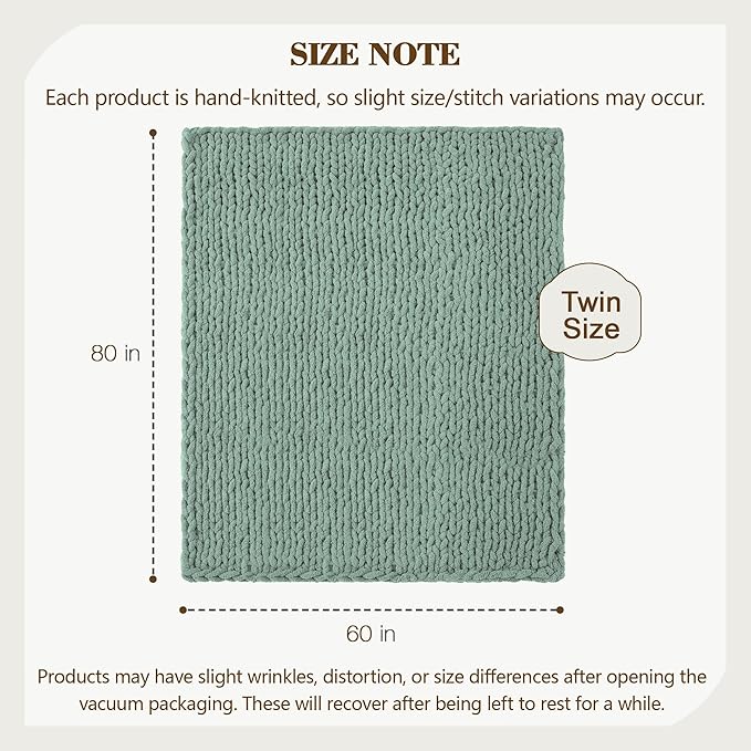Carriediosa Chunky Knit Throw Blanket 60" X 80" Twin, 100% Hand Made Large Chenille Loop Yarn Soft Fluffy Throws for Couch Sofa Bed, Big Crochet Cozy Heavy Thick Cable Woven Blankets, Sage Green