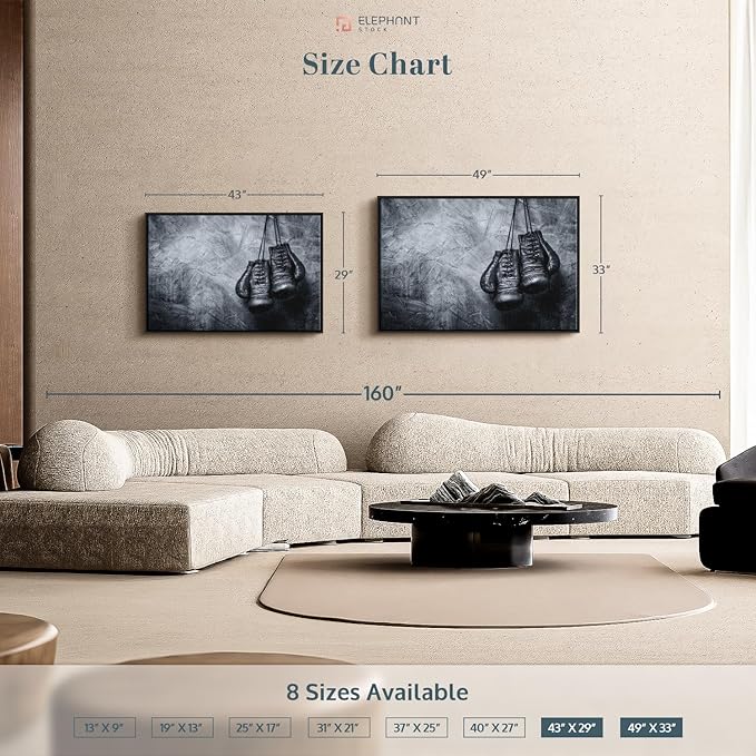 ElephantStock Boxing Gloves Wall Art - Horizontal Framed Canvas - 1-Piece Living Room Wall Decor - Photography Sports Canvas Print - Black and Gray Decor for Wall - 43" X 29"