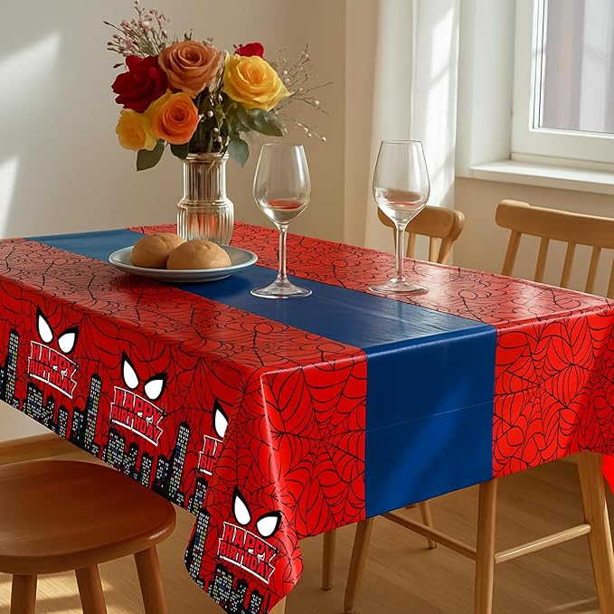 8Pcs 2in1 Spider Birthday Decorations Tablecloths, 54" x 108" Super Hero Spider Table Cloth Disposable Rectangle Plastic Table Cover for Boys Birthday Party Supplies