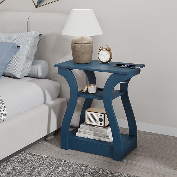 End Tables Living Room Set of 2,End Table with Charging Station and USB,Navy Blue Side Table, Nightstand for Bedroom,3 Tier End Table with Storage Shelf for Living Room Navy Blue