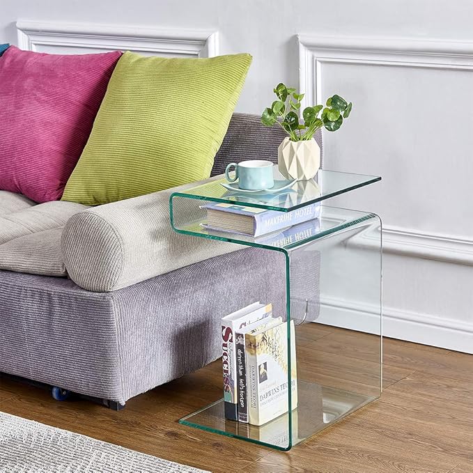 Glass Nightstand,Side Table,S-Shaped End Table for Living Room,Bedside Table for Bedroom (Clear)