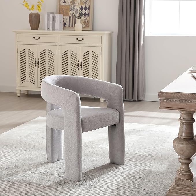 Grey Chenille Dining Chairs Set of 4, Modern Barrel Dining Room Chairs Upholstered Faux Fur Accent Chair with Arms and Round Back for Living Room Kitchen Armchair No Assembly Needed