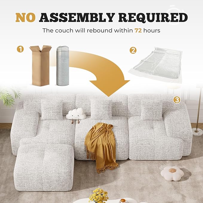 122" Modern L Shaped Modular Sectional Sofa, Boneless Couches for Living Room with Ottoman,4 Seater Convertible Chenille Cloud Couch Sofa Set, No Assembly Required, Beige 1 PCS