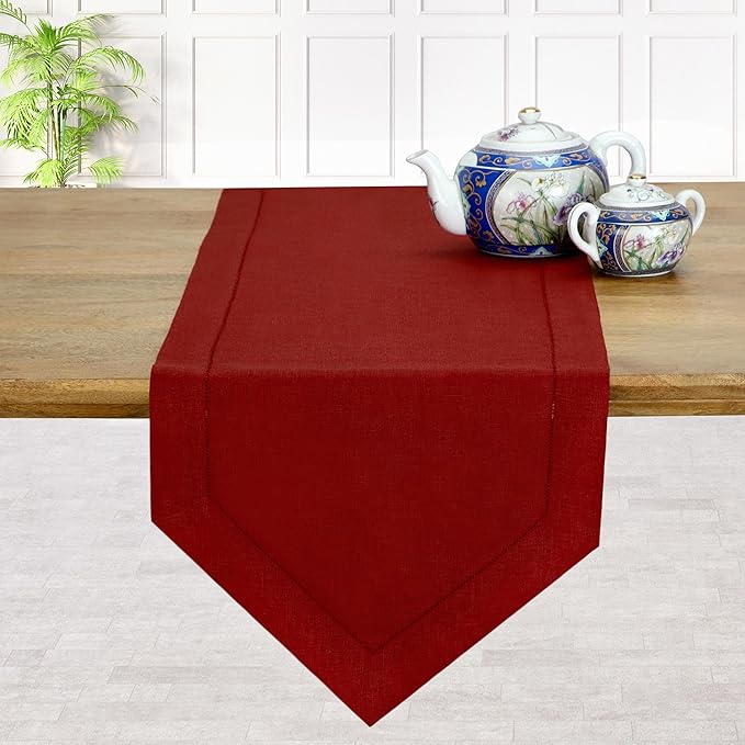D'Moksha Homes Red Linen Table Runner 72 Inches Long - 100% Pure Linen Diamond Table Runner 14 x 72 Inch for Dining, Fall and Halloween - Machine Washable
