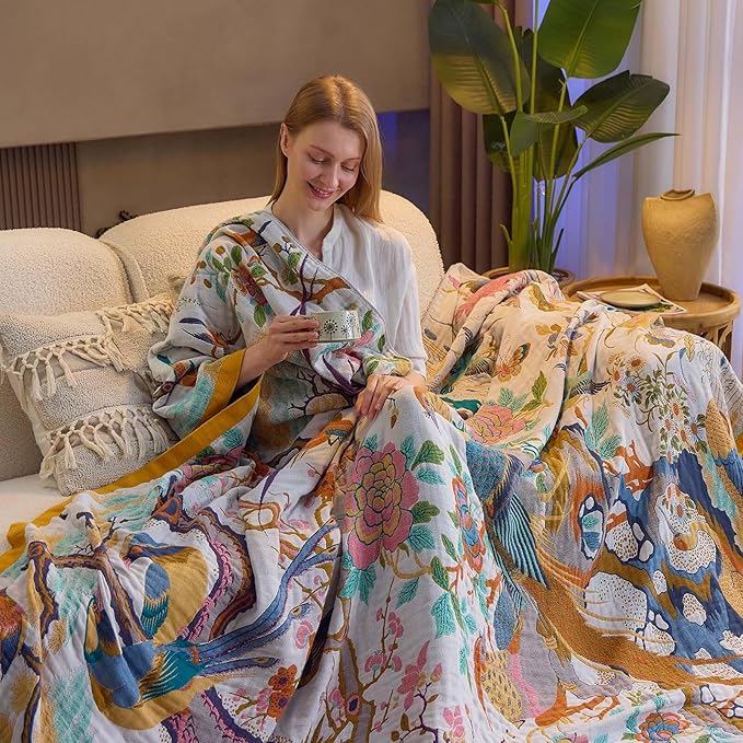 Fall Throw Blanket for Couch, Yellow Boho Decorative Throw Blanket, 100% Cotton Muslin Breathable Woven Farmhouse Blankets Quilt, 90"x98" Reversible Lightweight Blankets Bohemian Throw Quilt