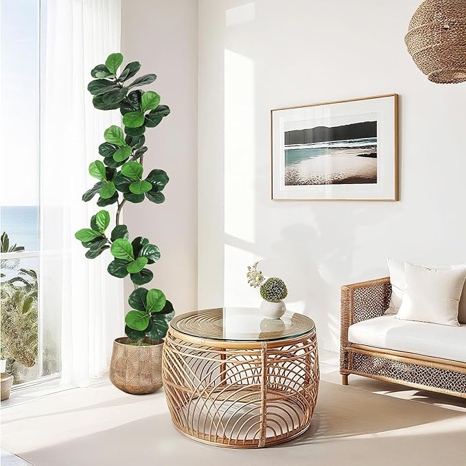 GarveeHome Fiddle Leaf Fig Artificial Tree with White Planter,7ft Faux Plants Indoor with Moss, Fake Rubber Tall Fake Floor Plant in Pot - Artificial Trees for Home Office Living Room Decor