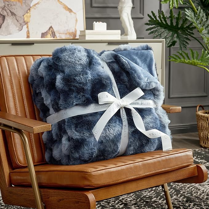 Cozy Bliss Faux Fur Throw Blanket for Couch, Fuzzy Soft Plush Thick Bubble Blanket for Sofa Bedroom Living Room, 60 * 80 Inches Tie-dye Blue