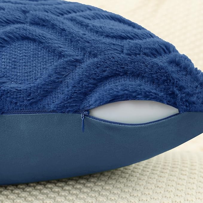 decorUhome Fall Throw Pillow Covers 12x20 Inch Set of 2, Soft Plush Decorative Faux Fur Dark Blue Solid Couch Pillow Covers, Accent Farmhouse Neutral Lumbar Euro Pillow Cases for Sofa Bed Living Room