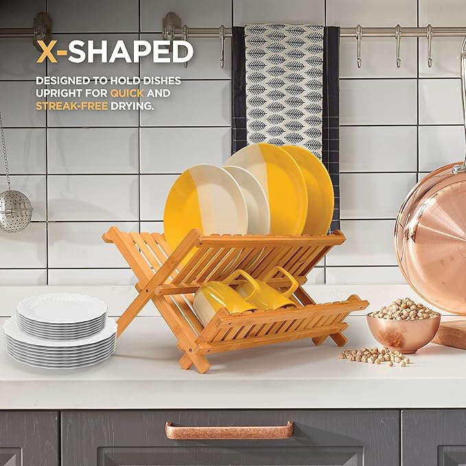 BAMBUSI Dish Drying Rack - Collapsible 2-Tier Bamboo Dish Rack for Kitchen Counter, Wooden Dish Drainer with Foldable Space-Saving Design - Drying Rack for Dishes, Plates, and Cups - Housewarming Gift