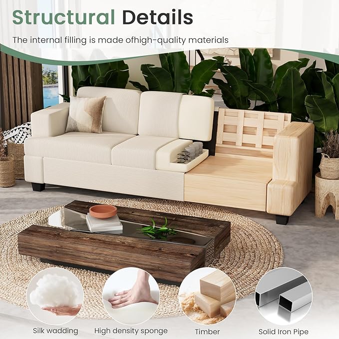 89" White Corduroy Sofa for Living Room, 3 Seater Cloud Couch, Deep Seat Floor Couch for Bedroom, Futon Modern Sofa Bed, White Corduroy