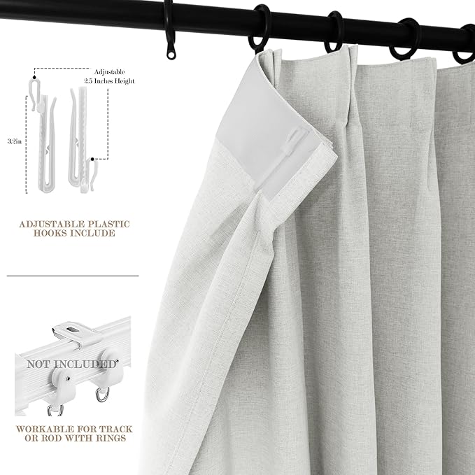 100" W x 96" L Faux Linen Room Divider Curtains, Full Blackout Pinch Pleated Drapes for Traverse Rod, Bedroom Divider Privacy Drapery with Hooks for Ceiling Track, 1 Panel, Greyish White