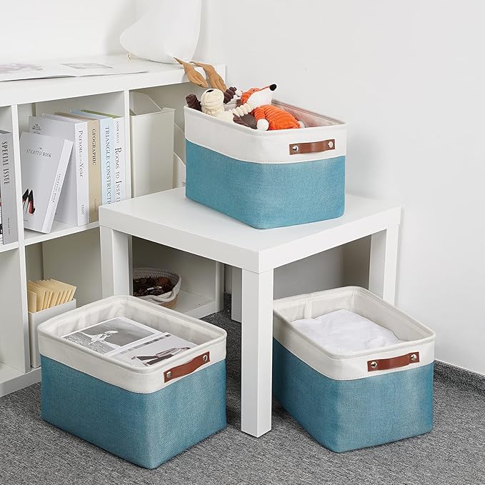 DULLEMELO Storage Baskets for Shelves, Fabric Collapsible Rectangular Storage Bins for Shelves, Closets, Nursery, Home, Empty Gift Baskets (3-Pack Medium-15 inch X 11 inch X 9.5 inch , White&Teal)