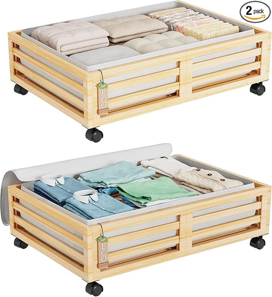Bamboo Under Bed Storage Containers- Underbed Organizer with Wheels with Large Dust Bag,Sturdy Wood Rolling Under the Bed Shoe Storage Organizer Drawer 2 Packs (Nature, Small)