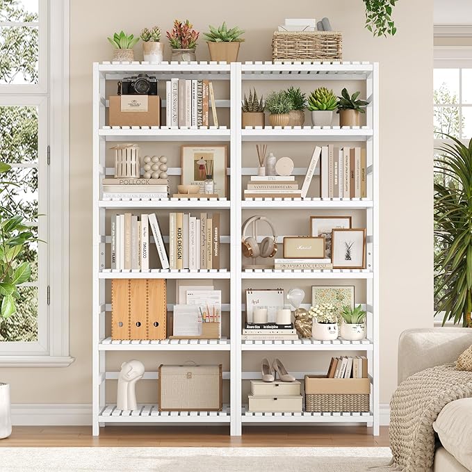 FOTOSOK 6-Tier Bamboo Shelf Set of 2, Bamboo Bookcase with Adjustable Shelves, Free Standing Storage Shelf Unit Plant Flower Stand, Tall Large White Bookshelf for Kitchen, Bathroom, Home Office, White
