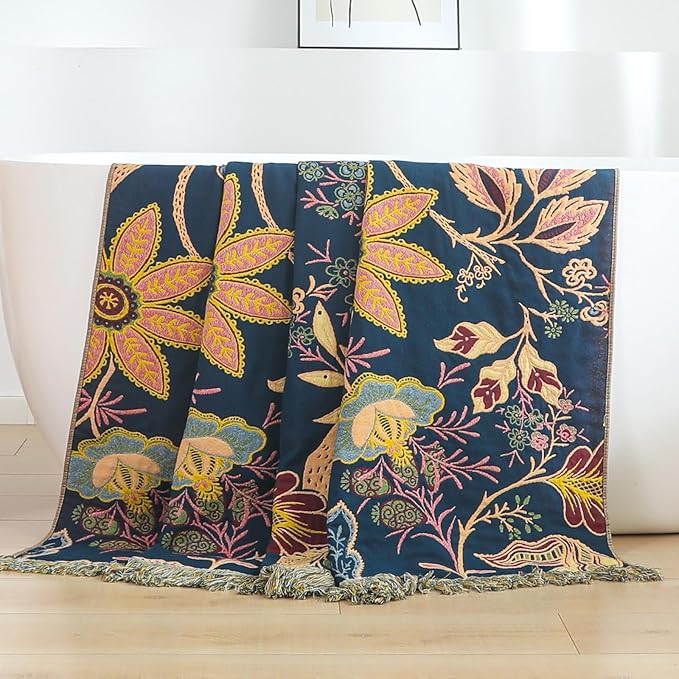 Boho Cotton Throw Blanket - Ultra-Soft Rustic Quilt for Bed, Home Decor & Travel - Large 90"x98" Muslin Blanket - All-Season Lightweight Bedspread & Throw for Women & Moms