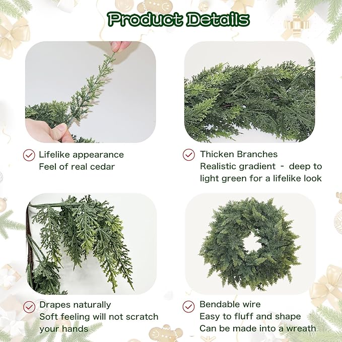 9FT Christmas Cedar Garland Artificial Real Touch Thickness Realistic Greenery Pine Garland for Mantle Fireplace Outdoor Indoor Christmas Decorations