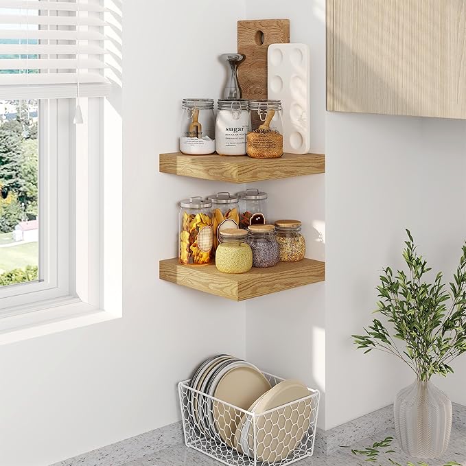 Fun Memories Floating Shelves, 8 Inch Deep Floating Shelves for Wall, 8 x 8 Wall Shelves, Rustic Wood Floating Shelf for Living Room, Bedroom, Bathroom, Oak Color, Set of 2