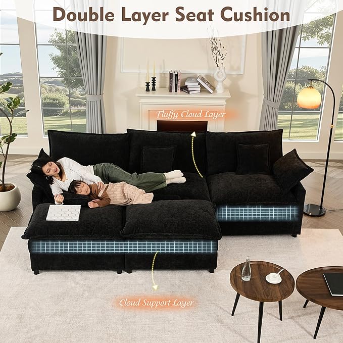 108" U Shaped Couch, Modular Sectional Sofa, 3-Seater Comfy Cloud Couch with Movable Ottoman, Deep Seat Couches for Living Room, Chenille, Black