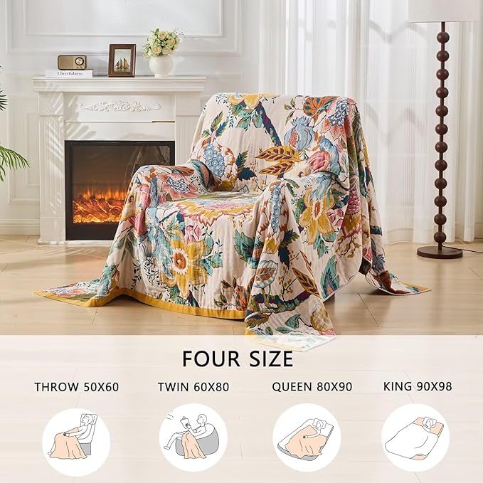 Boho Throw Blanket for Bed, Double Sided Floral Decorated Bohemian Couch Blanket, Lightweight Breathable 100% Cotton Throw Blanket,Room, Farmhouse, Bed Decor (Happiness,50"x60")