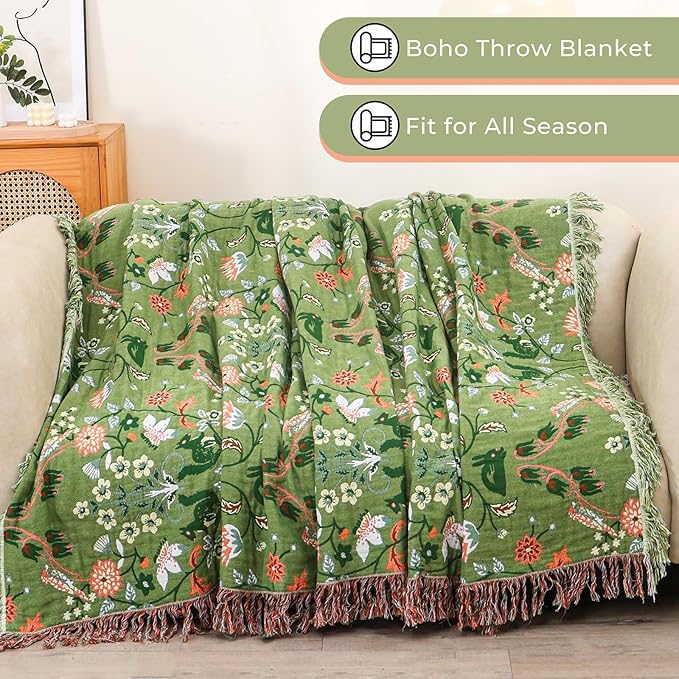 Boho Throw Blanket 80"x90", 100% Cotton Ultra Soft Luxury Throw for Couch and Sofa Blankets Home Decor, All Season Florals and Animals Throw Reversible Breathable Cozy Blankets