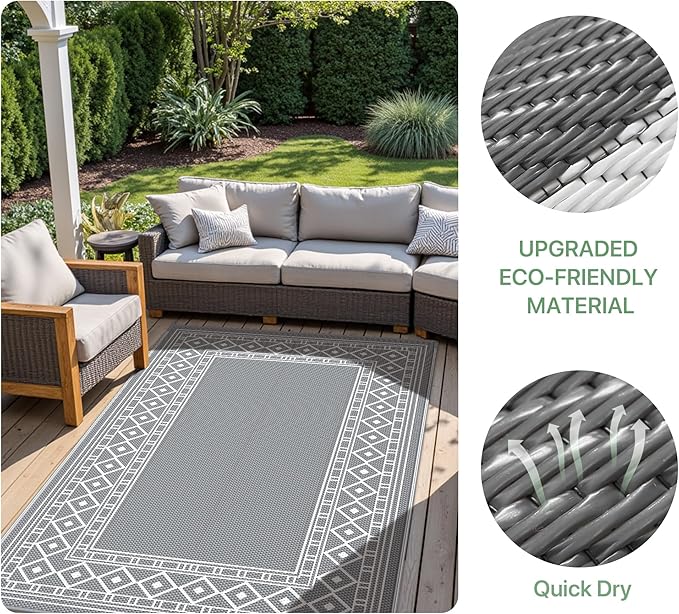 GENIMO Outdoor Rug Waterproof for Patio, 9'x12' Reversible Plastic Straw Outdoor Carpet, Camping Outside Mat for Outdoor Decor, RV, Deck, Camper, Balcony, Picnic, Grey & White