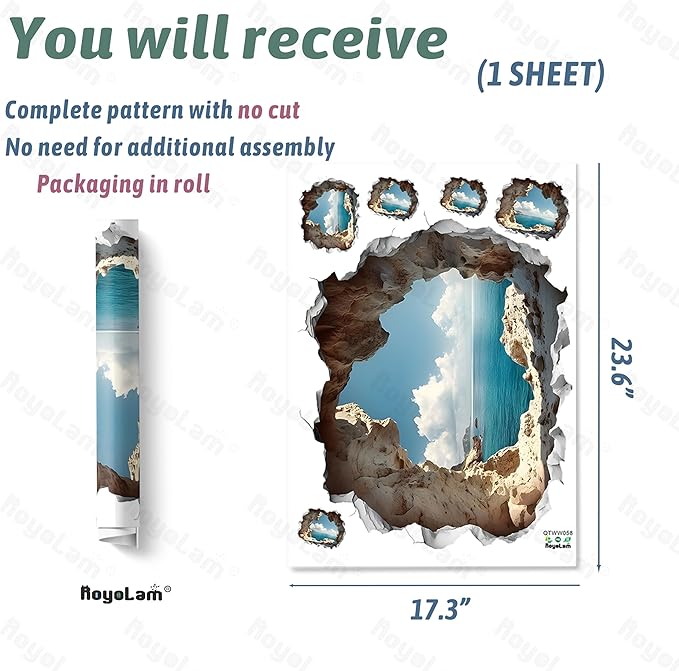 Cave by The Sea Wall Stickers for Living Room Large 3D Broken Wall Wall Decals Removable Peel and Stick Wall Art Home Decor Decoration for Bedroom Bathroom Classroom Library