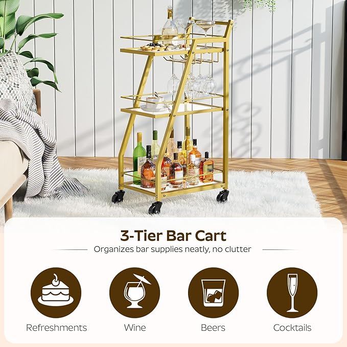 Bar Cart, 3-Tier Bar Cart for The Home, Home Bar Serving Cart with Glass Holders, Beverage Cart for Kitchen, Dining, Party Room, Gold BC03GD