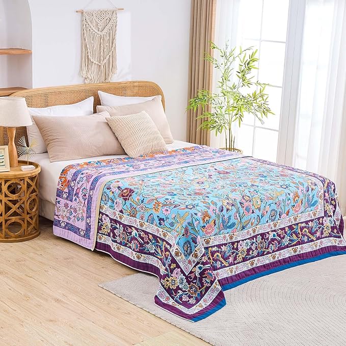 Fall Blanket for Bed, 100% Cotton Soft Rustic Boho Throw Blanket Quilt, 60"x80" Farmhouse Decor Bed Flower Blankets, Light Weight Reversible Bohemian Throw Quilt