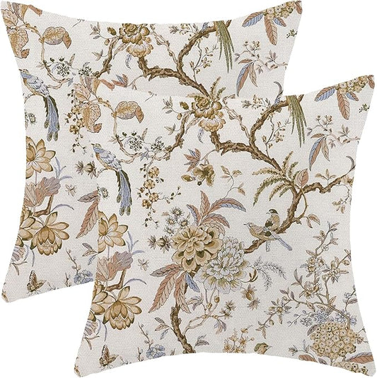 CXMEIFLY Spring Floral Birds Pillow Covers 20 x 20 Inch Set of 2 for Chinoiserie Flowers Decor Throw Pillows Brown and White Plant Outdoor Decorative Cushion Cases for Couch Bed Decorations
