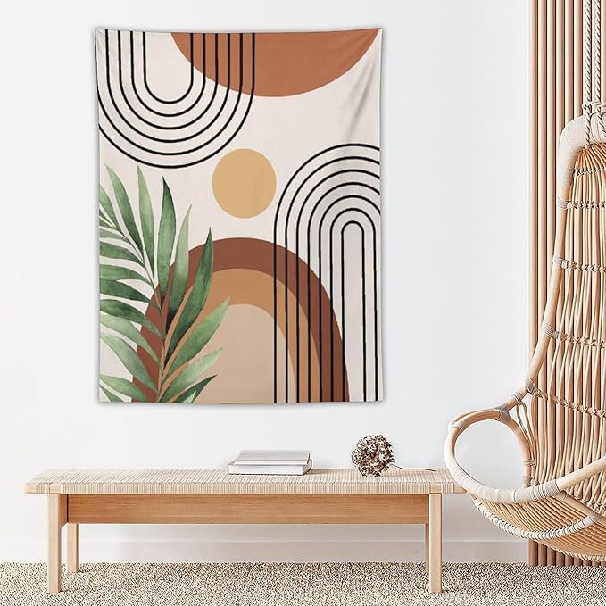 Abstract Bohemian Mid Century Tapestry, Tropical Leaves Modern Geometric Archway Minimalist Bohemian Botanical Aesthetic Wall Hanging, Sage Green Gold Home Decor Art for Bedroom 60x80 Inch