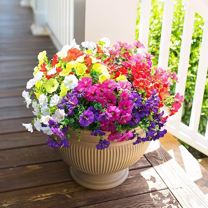 Artificial Flowers for Outdoors Fake Plants Outside Decoration, 12 Bundles Silk Colorful Morning Glory with Eucalyptus UV Resistant Realistic Faux Flowers for Planter Porch Patio Yard Garden