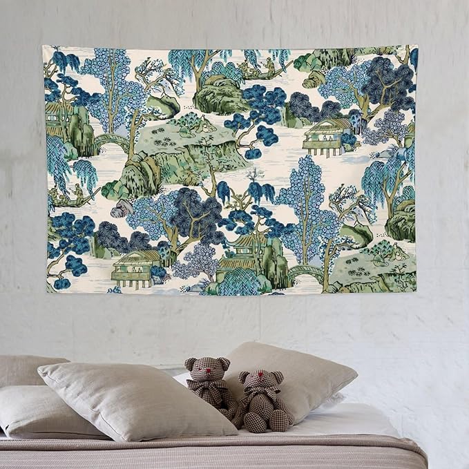 Chinoiserie Tapestry,Asian Watercolor Abstract Art Tapestry,Asian Japanese Wall Tapestry, Nature Landscape Tapestries for Bedroom Living Room Decor 60"x40"